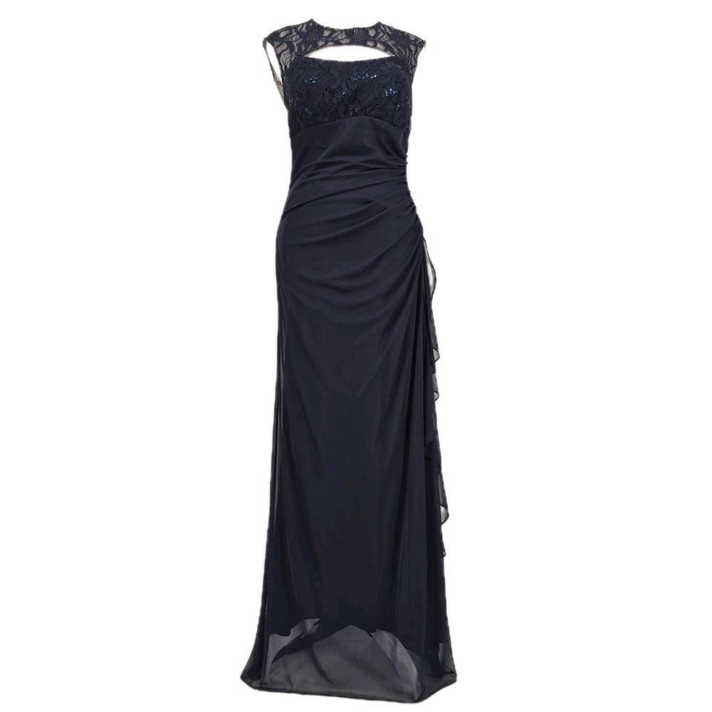 B&A by Betsy & Adam Women's Navy Blue Sequin Lace Formal Embellished Ruched Gown